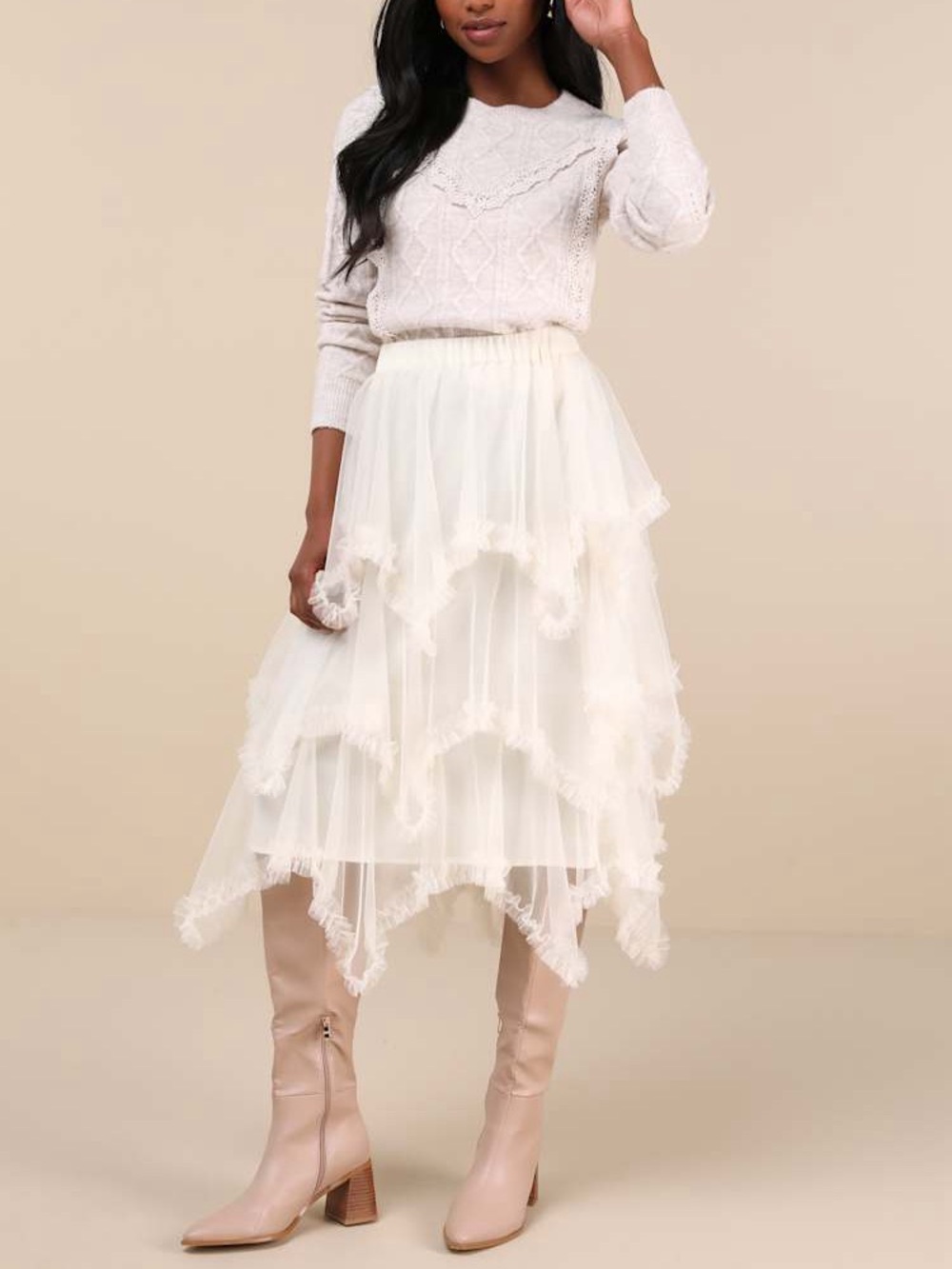 Lulu's Cream charisma ivory mesh tiered handkerchief midi skirt